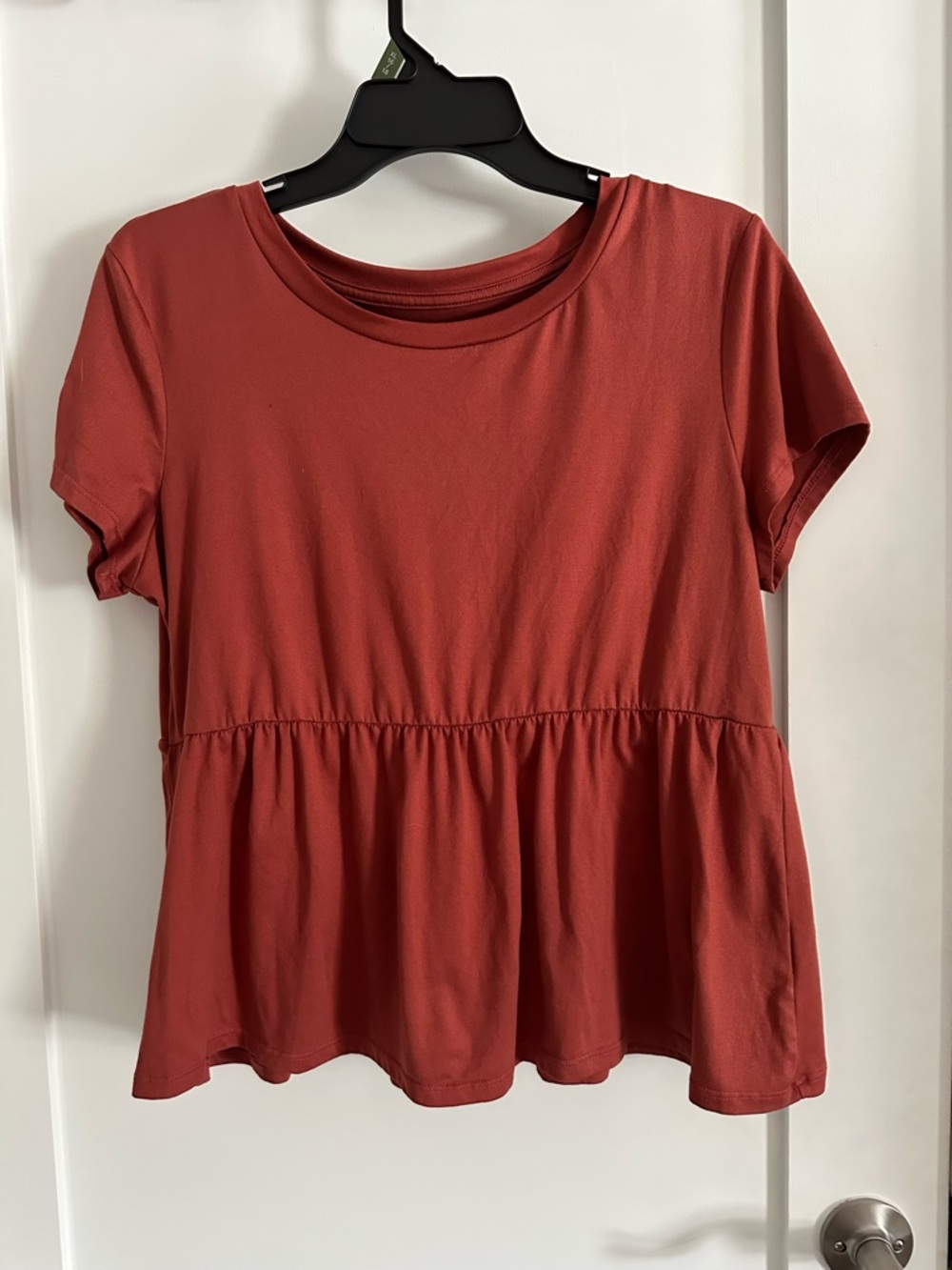Pink Rose Short Sleeve Peplum Top in Rusty Red